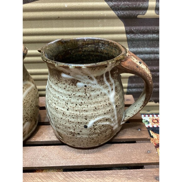 Art Pottery Creamer & Sugar Stoneware Brown Earth Tones White Drip Glaze Accent - Picture 2 of 15